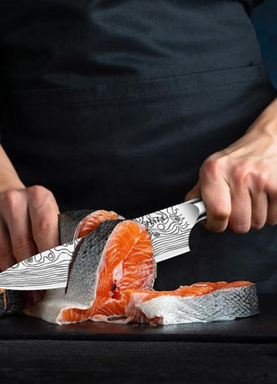 MOSFiATA 8" Super Sharp Professional Chef's Knife with Finger Guard and Knife Sharpener, German High Carbon Stainless Steel EN1.4116 with Micarta Handle and Gift Box