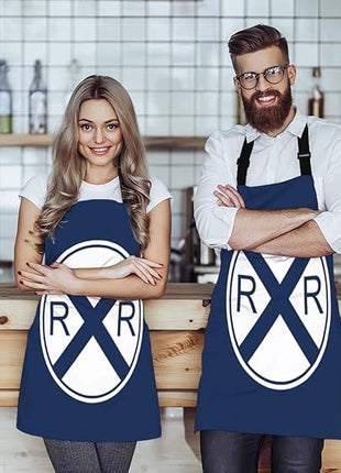 EKOBLA Traffic Sign Aprons Train Railroad Crossing Dark Blue White Waterproof Resistant Chef Cooking Kitchen BBQ Adjustable Aprons for Women Men 27x31 Inch