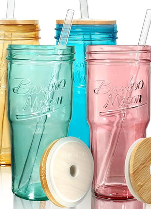 ANOTION Colored Glass Cups with Lids and Straws - 24oz Travel Coffee Mug Wide Mouth Mason Jar Iced Coffee Cup Smoothie Cup Glass Tumbler Tea Cup Clear Cute Water Cups Colorful Drinking Glasses