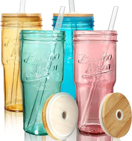 ANOTION Colored Glass Cups with Lids and Straws - 24oz Travel Coffee Mug Wide Mouth Mason Jar Iced Coffee Cup Smoothie Cup Glass Tumbler Tea Cup Clear Cute Water Cups Colorful Drinking Glasses