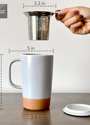 Mora Ceramics Large Tea Mug with Loose Leaf Infuser and Ceramic Lid, 18 oz, Portable, Microwave and Dishwasher Safe, Tall Coffee Cup - Rustic Matte Ceramic Glaze, Modern Herbal Tea Strainer, Sleet