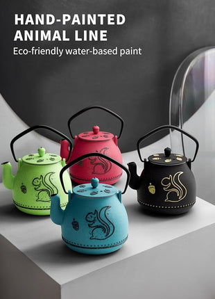 Toptier Teapot with Removable Infuser, Cast Iron Tea Kettle Stovetop Safe, Squirrel Design Tea Pot Coated with Enameled Interior for 32 Ounce (950 ml), Black
