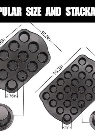 12+24 Muffin Pan Set (2 Pack) - Nonstick Cupcake Tins Dark Gray | Heavy Duty Carbon Steel, Rustproof, Oven Safe Baking Gift