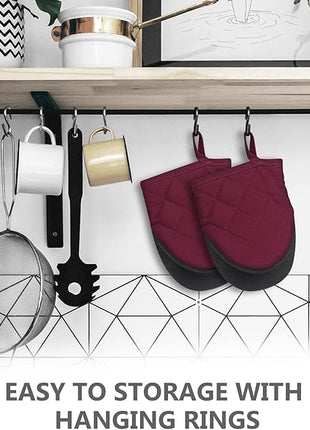 Qulable 1 Pair Short Oven Mitts - Silicone Kitchen Oven Gloves High Heat Resistant 500℉, Mini Oven Mits with Non-Slip Grip Surfaces and Hanging Loop for BBQ, Baking, Cooking and Grilling (Dark Red)
