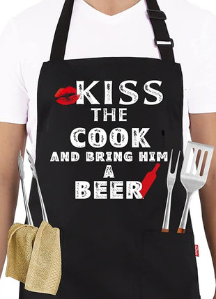 Grilling Apron - KISS THE COOK AND BRING HIM A BEER - Funny BBQ Aprons for Men Women Chef, Adjustable Kitchen Bib Apron with 2 Pockets and 40" Long Ties, Perfect for Cooking, Baking - Black