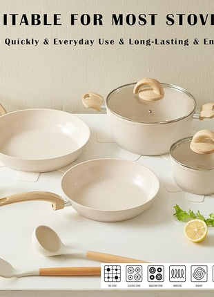 Non Stick Pots and Pans Set, Healthy Ceramic Cookware Set, 12pcs Kitchen Cooking Pots and Frying Sauce Saute Pans Set, PFAS-Free with Kitchen Utensils and Lid, Tan
