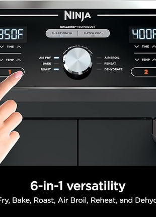 Ninja DZ401 Foodi 10 Quart 6-in-1 DualZone XL 2-Basket Air Fryer with 2 Independent Frying Baskets, Match Cook & Smart Finish to Roast, Broil, Dehydrate for Quick, Easy Family-Sized Meals, Grey