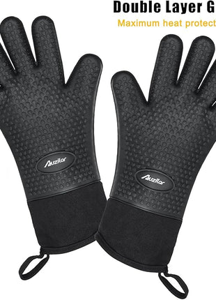 Silicone Cooking Gloves, Grilling Gloves, Heat Resistant Gloves BBQ Kitchen Silicone Oven Mitts, Long Waterproof Non-Slip Potholder for Barbecue, Cooking, Baking