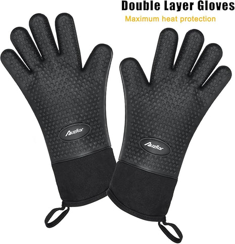 Silicone Cooking Gloves, Grilling Gloves, Heat Resistant Gloves BBQ Kitchen Silicone Oven Mitts, Long Waterproof Non-Slip Potholder for Barbecue, Cooking, Baking