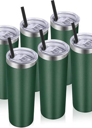 VEGOND Stainless Steel Tumblers Bulk 6 Pack, 20 oz Vacuum Insulated Skinny Tumblers with Lid and Straw, Double Wall Coffee Mug, Travel Water Cup, Dark Green