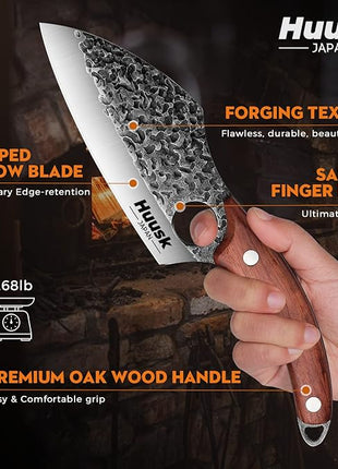 Huusk Hand Forged Meat Cleaver - Butcher Knife for Meat Cutting, Japanese Kitchen Viking Knife with Sheath, Cooking Knives for Kitchen and Outdoor Camping, Thanksgiving Christmas Gifts