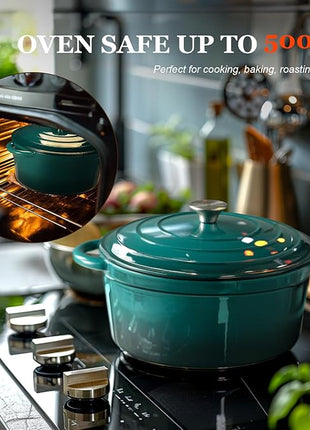 Overmont Enameled Cast Iron Dutch Oven - 7QT Pot with Lid Cookbook & Cotton Potholders - Heavy-Duty Cookware for Braising, Stews, Roasting, Bread Baking bottle green