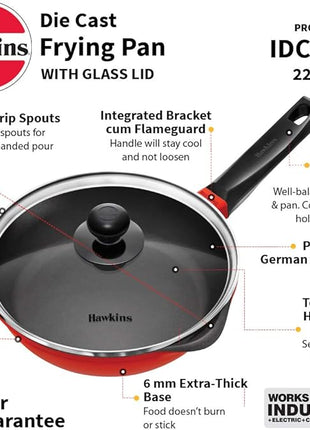 HAWKINS 24 cm Die Cast Induction Compatible Frying Pan with Glass Lid, Red (IDCF24G)
