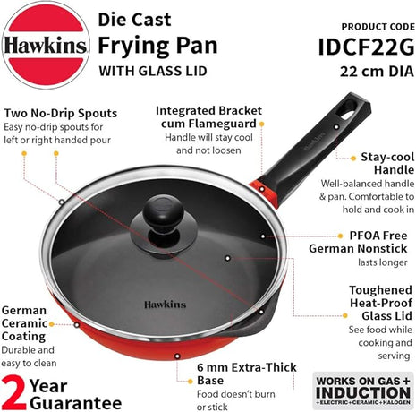 HAWKINS 24 cm Die Cast Induction Compatible Frying Pan with Glass Lid, Red (IDCF24G)