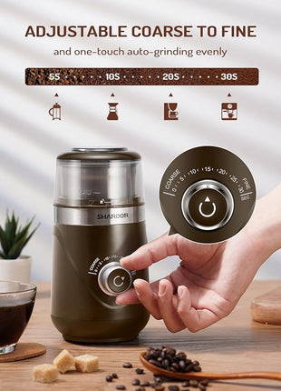 SHARDOR Electric Super Silent Blade Coffee Grinder, Timed Grind Control Rotary Knob, Adjustable Coarse to Fine for Coffee Beans, Spices & Herbs, with 1 Removable Stainless Steel Bowl, Brown