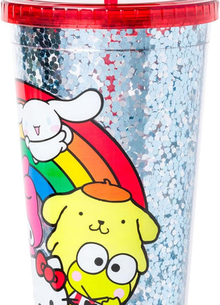 Silver Buffalo Sanrio Hello Kitty and Friends Featuring Cinnamoroll, Badtz-Maru, My Melody, Pompompurin, Tuxedo Sam, and Chococat Rainbow Plastic Confetti Cold Cup with Lid and Straw, 32 Ounces