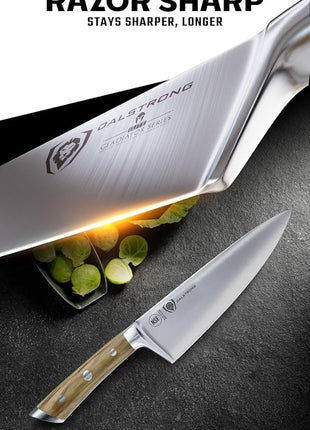 Dalstrong Chef Knife - 8 inch Blade - Gladiator Series - Forged High Carbon German Steel - Razor Sharp Kitchen Knife - Professional Full Tang Knives - Olive Wood Handle - Sheath - NSF Certified