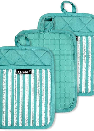 Silicone Pot Holders Set of 3 Heat Resistant & Non Slip Potholders, Professional Oven Hot Pads with Pockets Mitts for Kitchen Cooking Baking Barbecue