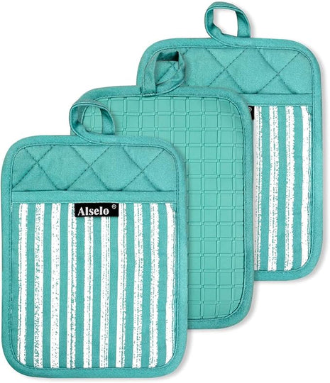 Silicone Pot Holders Set of 3 Heat Resistant & Non Slip Potholders, Professional Oven Hot Pads with Pockets Mitts for Kitchen Cooking Baking Barbecue