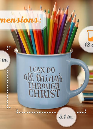 Christian Art Gifts Blue Camp Style Ceramic Coffee Mug – 13 oz. Microwave and Dishwasher Safe Inspirational Scripture Coffee & Tea Mug with Bible Verse: I Can Do All Things Through Christ – Phil. 4:13