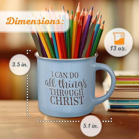 Christian Art Gifts Blue Camp Style Ceramic Coffee Mug – 13 oz. Microwave and Dishwasher Safe Inspirational Scripture Coffee & Tea Mug with Bible Verse: I Can Do All Things Through Christ – Phil. 4:13