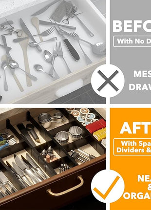 SpaceAid Bamboo Drawer Dividers with Inserts and Labels, Kitchen Adjustable Drawer Organizers, Expandable Organization for Home, Office, Dressers, 10 Dividers with 24 Inserts (17"-22" Black)