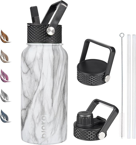 BJPKPK Insulated Water Bottles with Straw Lid, 27oz Stainless Steel Water Bottle with 3 Lids, Leak Proof BPA Free Metal Thermo, Mugs, Tumblers, Keep Cold Hot - White Birch