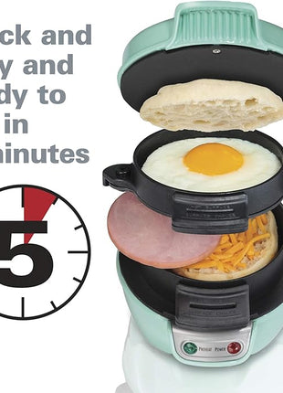 Hamilton Beach Breakfast Sandwich Maker with Egg Cooker Ring, Customize Ingredients, Perfect for English Muffins, Croissants, Mini Waffles, Perfect White Elephant Gifts, Mint (25482)