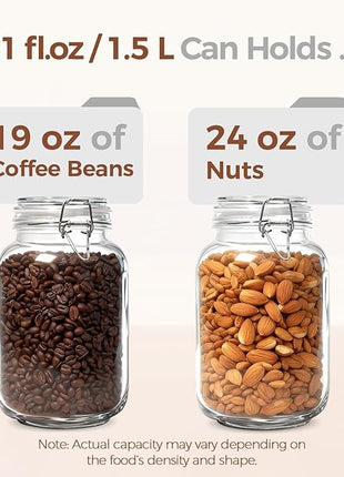 ComSaf Airtight Glass Canister Set of 3 with Lids 51oz Clear Food Storage Jars Square, Kitchen & Pantry Organization Food Storage Container for Canning, Sugar, Flour, Pasta, Candy, Cereal, Coffee