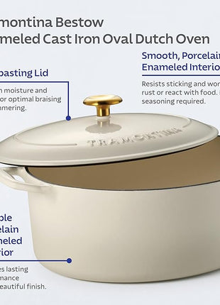 Tramontina Bestow Enameled Cast Iron Oval Dutch Oven Pot with Lid, Large 7-quart, Latte (Gold Knob)