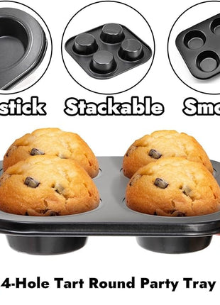 6 Pack Air Fryer Muffin Pan, 4 Cup Non-Stick Small Oven Cupcake Baking Pan, Carbon Steel Round Muffin Tin Bakeware Cake Mould for Egg Muffin, Quiches, Frittatas