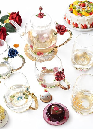 Enamel Glass Flower Tea Pot With Removable Loose Tea Leaf Infuser Tea Maker Teapot Set 30.4OZ Gifts for Women,Mom,Birthday