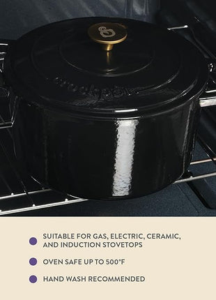 Crock Pot Artisan 7-Quart Round Cast Iron Dutch Oven with Lid – Black Enamel Finish, Gold Knob, Durable Heavy-Duty Cookware for Slow Cooking, Baking, and Roasting