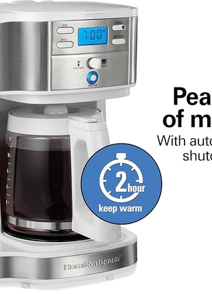 Hamilton Beach 2-Way Programmable Coffee Maker, 12 Cup Glass Carafe And Single Serve Coffee Maker, White with Stainless Steel Accents, 49933