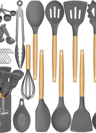 Umite Chef Kitchen Cooking Utensils Set, 33 pcs Non-stick Silicone Utensils Spatula Set with Holder, Wooden Handle Heat Resistant Silicone Kitchen Gadgets Utensil Set (Gray)
