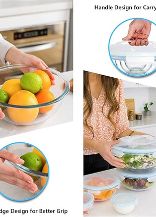 WhiteRhino Glass Mixing Bowl with Lids Set of 5, 0.2, 0.5, 1.1, 2.1, 3.75 QT, Large Salad Bowls with BPA-Free Lids, Space-Saving Nesting Bowls for Kitchen Food Storage, Glass bowl for Cooking, Baking