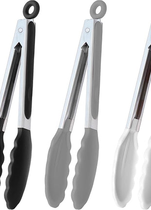 9-Inch Serving Tongs Silicone Tongs, Set of 3 (Black White Gray)