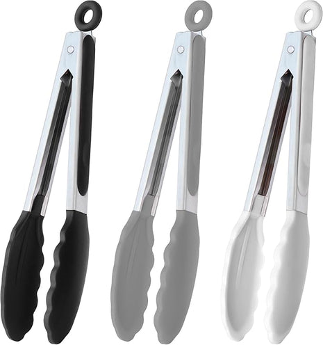 9-Inch Serving Tongs Silicone Tongs, Set of 3 (Black White Gray)