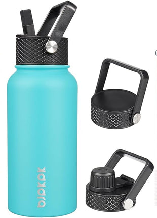 BJPKPK Insulated Water Bottles with Straw Lid, 27oz Stainless Steel Water Bottle with 3 Lids, Leak Proof BPA Free Metal Thermo, Mugs, Tumblers, Keep Cold Hot - Turquoise