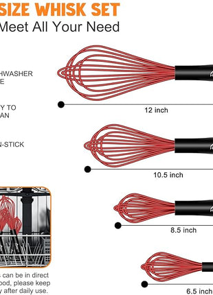 HOTEC 4 Pieces Silicone Whisks Set, Wire Balloon Whisks Egg Beater, Non-slip Handle Whisk for Non-stick Cookware Perfect for Cooking, Stirring, Beating and Blending (Red)