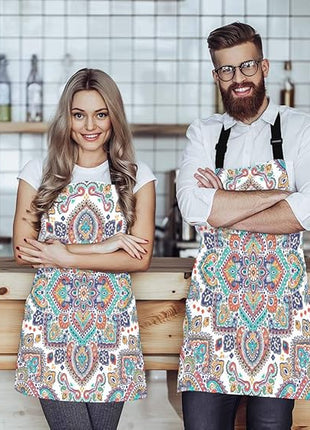 EKOBLA Bohemian Aprons Floral Paisley Medallion Pattern Retro Ethnic Mandala Ornament Waterproof Resistant Chef Cooking Kitchen BBQ Adjustable Aprons for Women Men 27x31 Inch