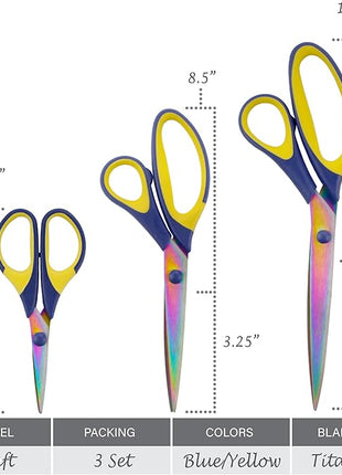 BambooMN Titanium Softgrip Scissors Set for Sewing, Arts, Crafts, Office - Blue w/Yellow - 3 Sets of 3