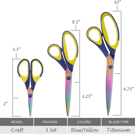 BambooMN Titanium Softgrip Scissors Set for Sewing, Arts, Crafts, Office - Blue w/Yellow - 1 Set of 3