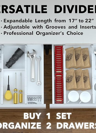 SpaceAid Bamboo Drawer Dividers with Inserts and Labels, Kitchen Adjustable Drawer Organizers, Expandable Organization for Home, Office, Dressers, 4 Dividers with 9 Inserts (17"-22" White)