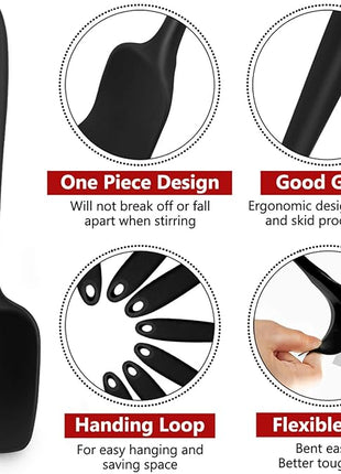 Silicone Spatula Set of 7, P&P CHEF Heat-Resistant Rubber Spatulas Kitchen Utensils Set for Non-stick Cooking Baking Mixing, Seamless & Flexible Design, Dishwasher Safe, Black