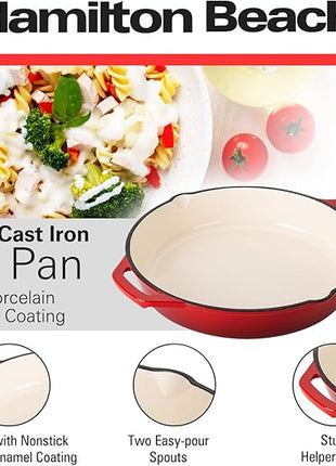 Hamilton Beach Enameled Cast Iron Fry Pan 12-Inch Red, Cream Enamel Coating, Skillet Pan for Stove Top and Oven