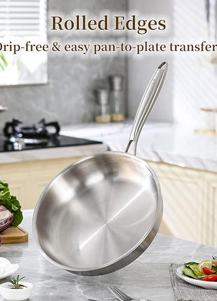 DELARLO Tri-ply Stainless Steel Frying Pan Set with Lid 8" 12" Induction large Skillets Chef's Pan,Pots and Pans Set Kitchen Cookware Set Suitable for All Stove