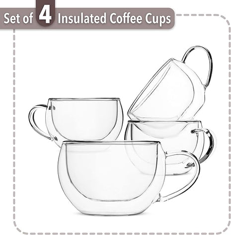 BTaT Insulated Coffee Cups - Set of 4 (9 oz, 270 ml), Double Wall Glass Tea & Latte Mugs