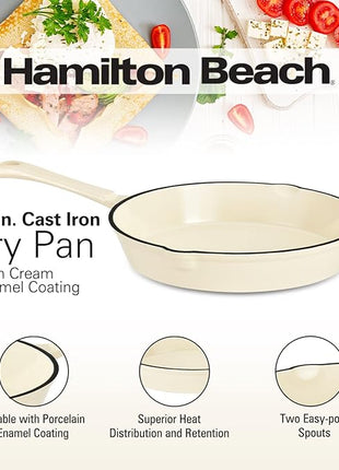 Hamilton Beach Enameled Cast Iron Fry Pan 10-Inch Cream, Cream Enamel Coating, Skillet Pan for Stove Top and Oven
