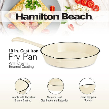 Hamilton Beach Enameled Cast Iron Fry Pan 10-Inch Cream, Cream Enamel Coating, Skillet Pan for Stove Top and Oven
